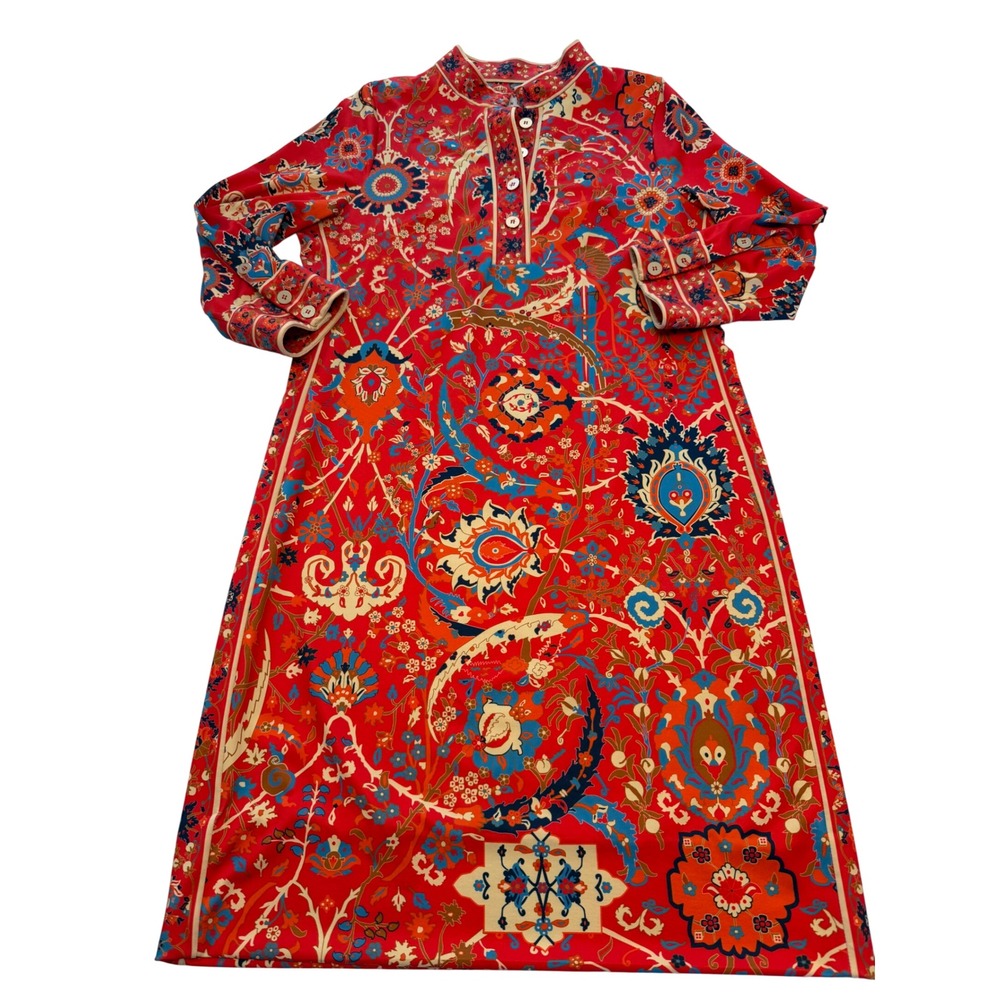 Gretchen Scott Red Paisley Floral Shift Dress Long Sleeve Stretch Jersey Small